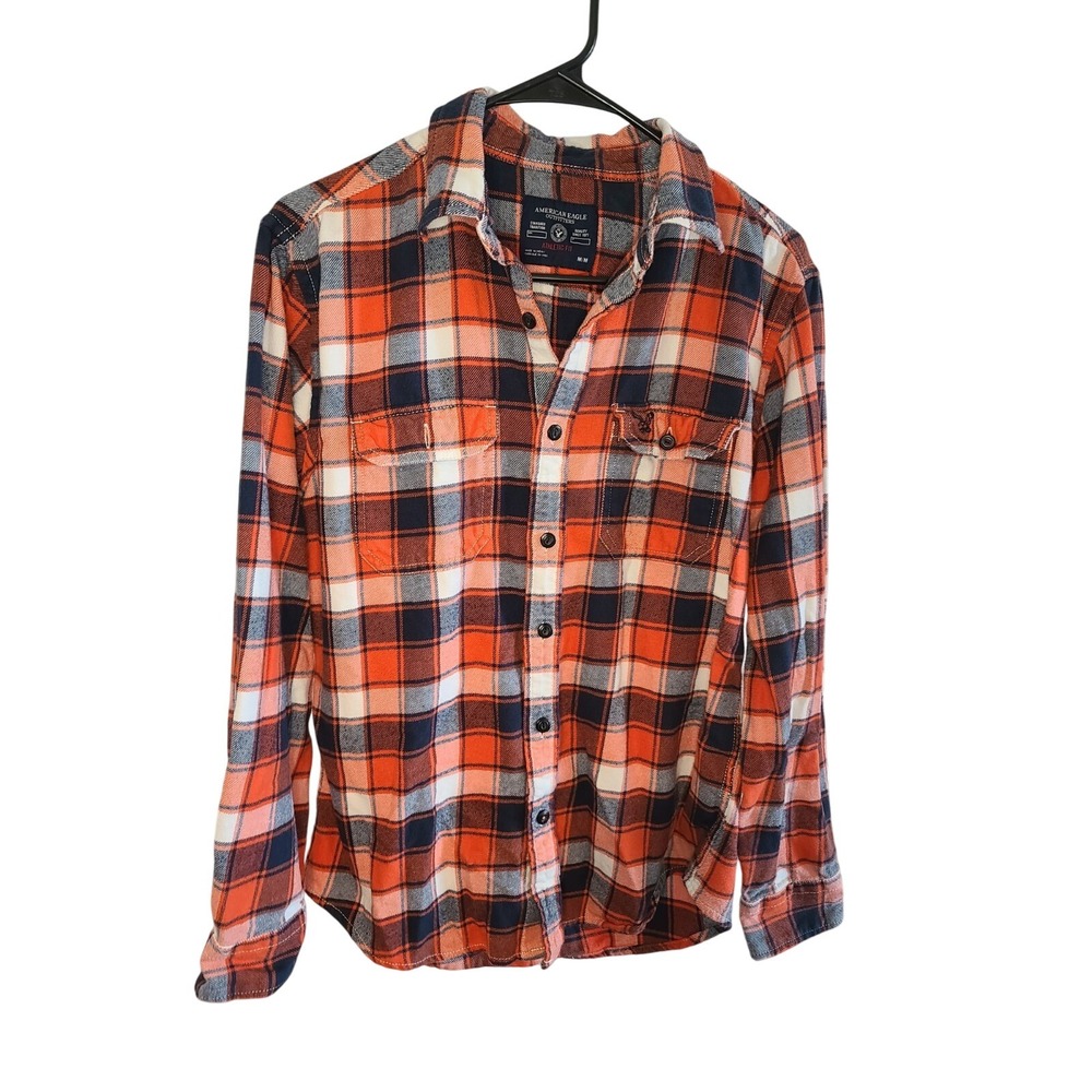 Men's American Eagle Orange, Navy, White Plaid Button-Down‎ Shirt Sz Medium